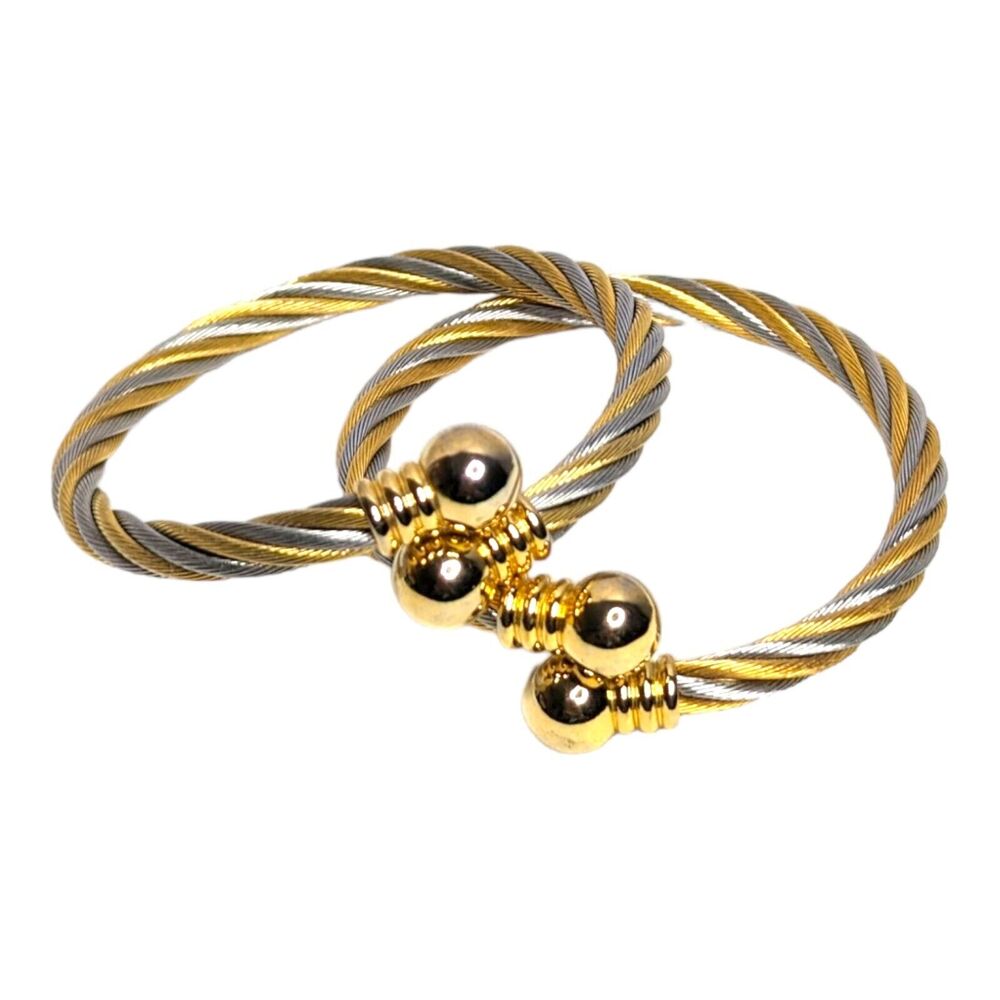 Set of 2 Two‎ Tone Twisted Gold Silver Bracelets Celtic Stainless Steel Cuffs